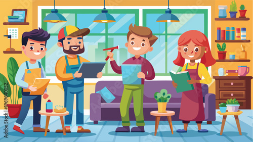 Group of friends prepares for a fun home improvement project in a bright living room with plants and furniture around