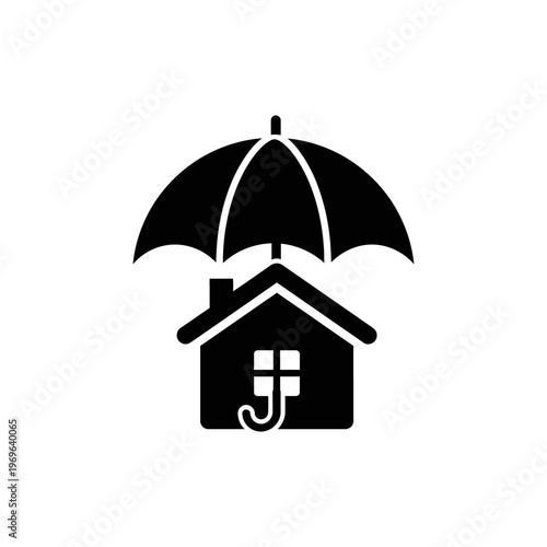Black House Icon Protected by Umbrella Symbolizing Insurance