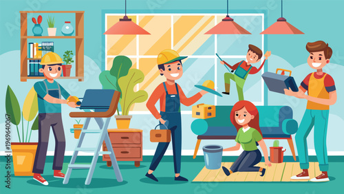 Group of people working on home improvement tasks in a bright living room during the daytime