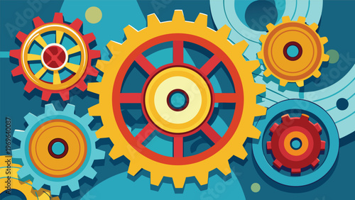 Colorful gears rotate on a blue background showcasing motion and design in a mechanical setting