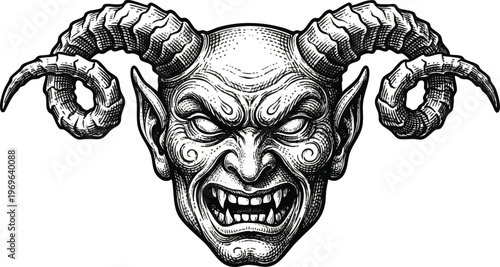 Demonic Face with Large Ram Horns in Engraving Style.