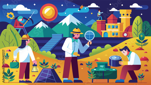 Workers conduct various activities in a landscape with mountains and buildings during daytime