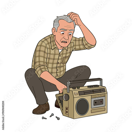 Man crouches beside broken boombox scratching his head in frustration