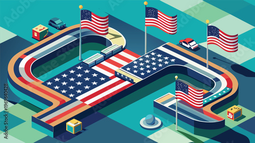 Race track design featuring American flags and cars in a colorful setting with geometric patterns and shapes