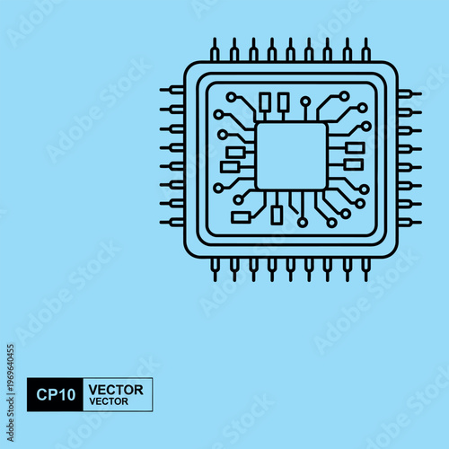 Minimal line of a computer microchip computer chip circuit board line minimal blue background black lines