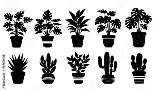 Ten potted plant and cactus silhouette vector set