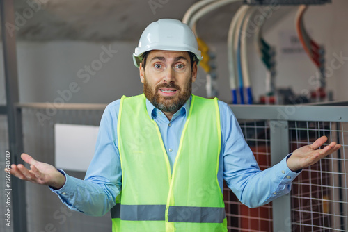 Foto Handsome man with beard wearing safety helmet and reflective jacket clueless and confused with open arms, no idea and doubtful face