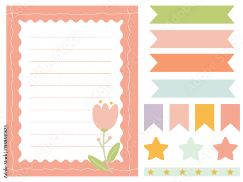 A colorful, cute page for a notebook and stickers for decorating