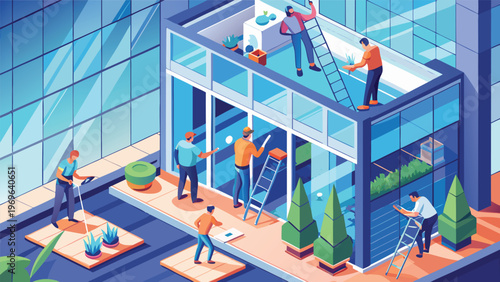 Workers clean and maintain a modern building with plants in a busy city during the day