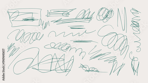 Messy Pen Scratch. Abstract Hand-Drawn Green Pen Ball Scribbles. Vector Set Loose Sketchy Lines, Loops, Swirls, Chaotic Doodles, Playful Texture for Grunge Designs, Collage, Note, Scrapbook.