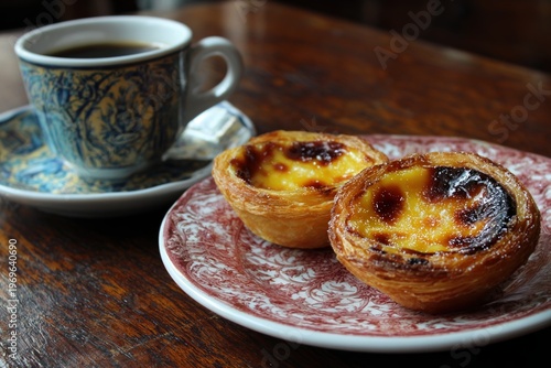 Portuguese custard tarts served with coffee on rustic wooden table, traditional bakery dessert, cozy morning cafe concept.
