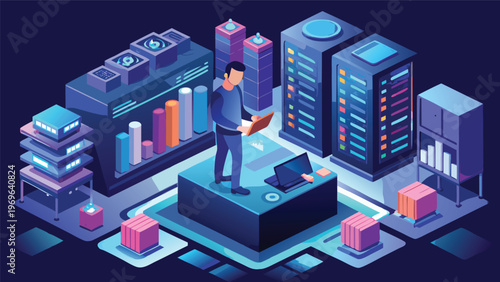 Individual stands on a platform, holding a book, surrounded by computer servers and data charts in a digital environment at night