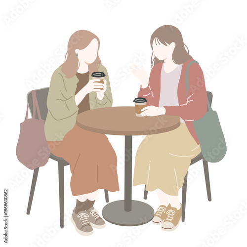 カフェでコーヒーを飲んでいる二人の女性のイラスト　表情無し