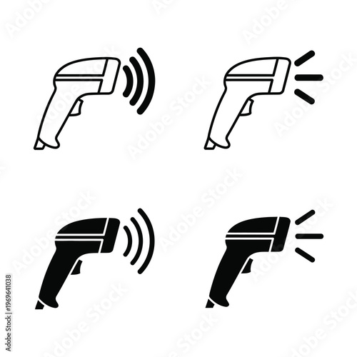 Four black and white barcode scanner icons with signals and flashes on white background icon