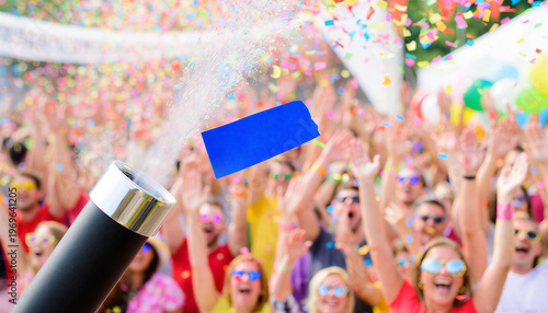 Confetti cannon firing colorful paper pieces over cheering crowd at outdoor summer festival with raised hands