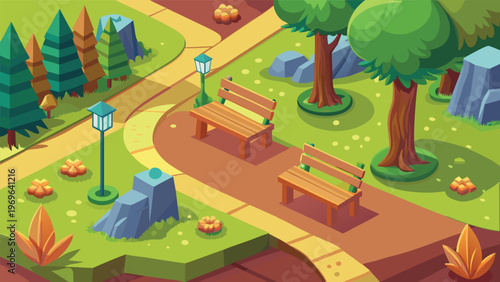 Park scene with benches, trees, and rocks in bright colors during daytime