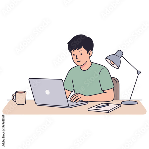 A man sits at a desk working on a laptop with a lamp and coffee