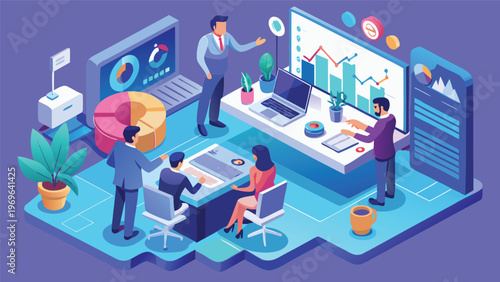 Business meeting with team discussing data analysis and project planning in a modern office space on a weekday