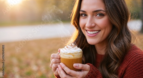 Young woman smiling while holding a steaming coffee cup outdoors