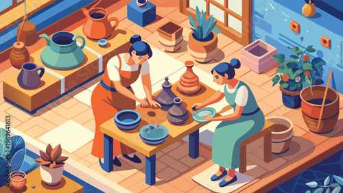 Two women work together in a pottery studio creating clay art during daylight hours in a colorful space filled with plants and tools