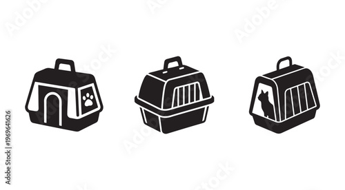 Black and white pet carriers for transporting dogs and cats  various designs and styles  pet travel and transportation