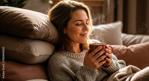 Young woman relaxing on sofa with hot drink in cozy living room  