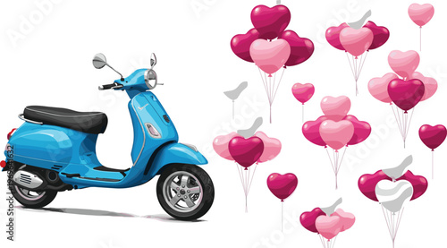 Blue modern motor scooter vector illustration with romantic pink heart shaped balloons collection for valentines day wedding celebration and travel delivery concept.