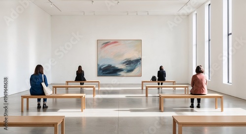 Visitors contemplating artwork while seated on benches in gallery  