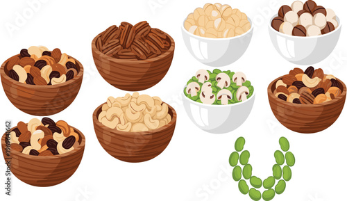 Collection of healthy nut mixes in wooden bowls featuring cashews pecans and trail mix with green peas and mushroom salad for vegan food concepts.
