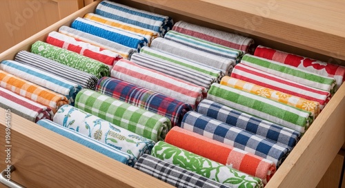 Organized drawer with neatly rolled tea towels in various colors  