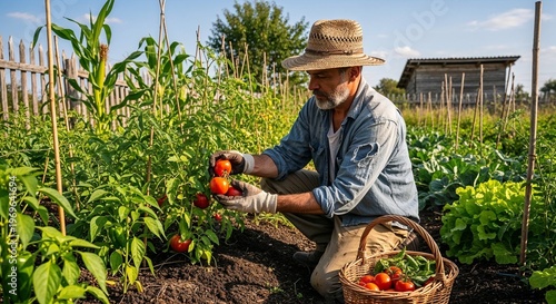 Older man harvesting tomatoes in garden during sunny day  
