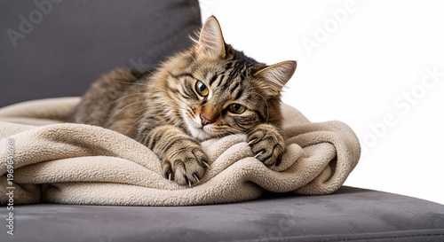 Domestic cat relaxing on a cozy blanket on a couch  