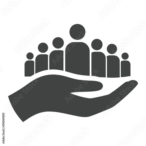 Gray hand holding group of people icon for protection and support concept icon