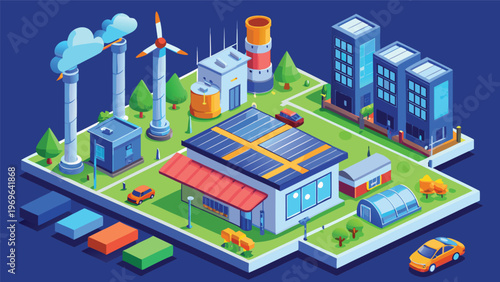 Model of a modern energy facility with solar, wind, and traditional power sources showing urban infrastructure and transportation options