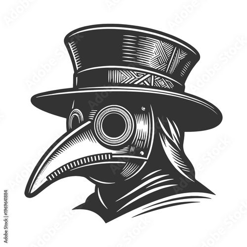 plague doctor wearing a wide-brim hat and beaked mask, evoking gothic history, mystery, and dark vintage style sketch engraving generative ai vector illustration. Scratch board. Black and white image.