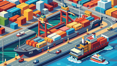 Cargo ships and containers at a busy port during daytime with several vehicles on the road nearby