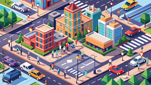 City street scene with people, vehicles, and buildings during daytime in a busy urban area