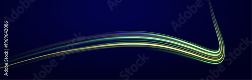 Luminous curves flow through a dark void. Soft glow surrounds each elegant shape. The design suggests futuristic speed and motion.