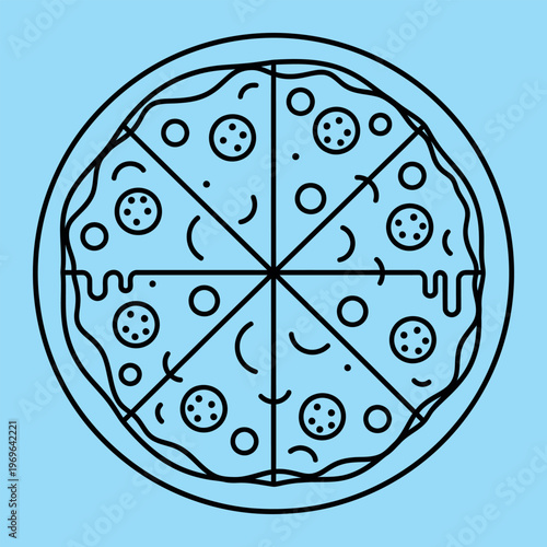 Minimal line of a pizza with melted cheese and toppings on a blue background line minimal