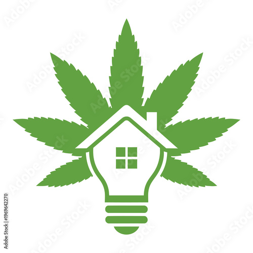 Green light bulb with house and cannabis leaf illustration icon
