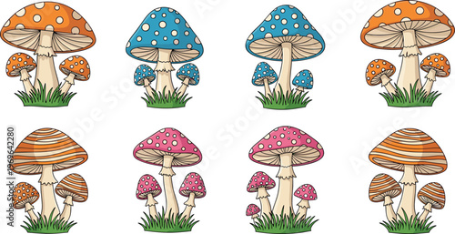 Colorful mushroom set vector illustration featuring different toadstool fungi designs cartoon style isolated on white background for nature themes