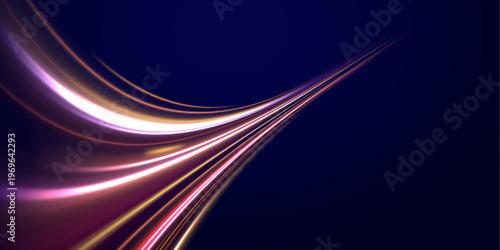 Abstract glowing curves flow in endless motion. Smooth gradients shift between bright neon shades. The scene feels dynamic and energetic.
