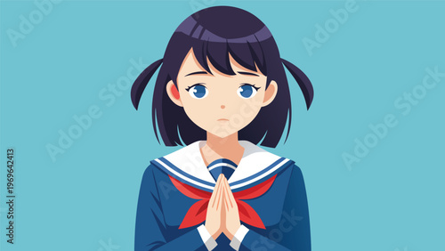 Teen girl in school uniform with hands together, looking concerned in a simple blue background