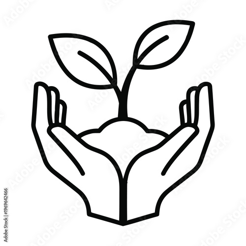 Hands cradling a small plant with two leaves growing from soil icon