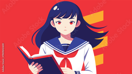 Student reads a book while standing against a bright red background in a school setting
