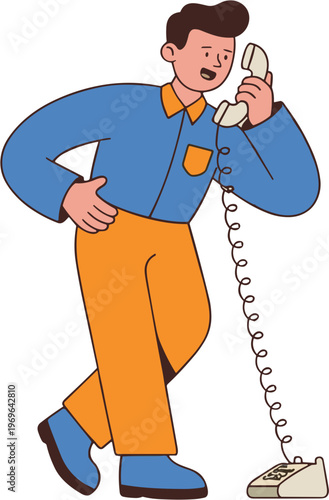 Man urgently talks on old telephone while walking quickly indoors.