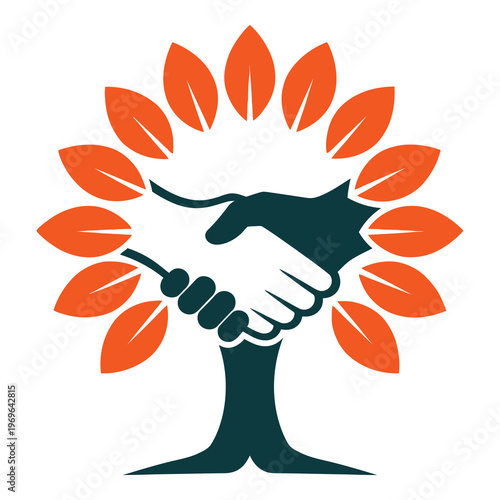Handshake between two people forming a tree with orange leaves growing together icon