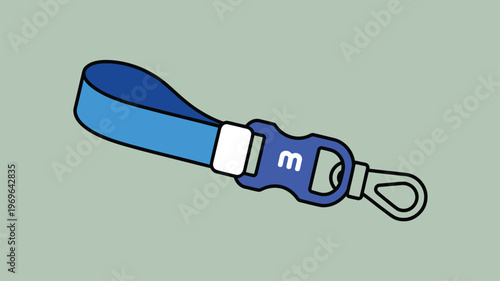Blue lanyard wristlet with a metal clip and a plastic buckle displaying lowercase letter m