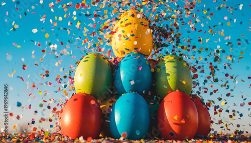 Colorful Easter Eggs Pyramid Exploding With Multicolor Confetti Against Blue Sky
