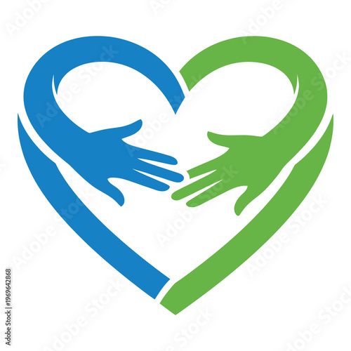 Heart shaped hands holding each other in blue and green colors icon